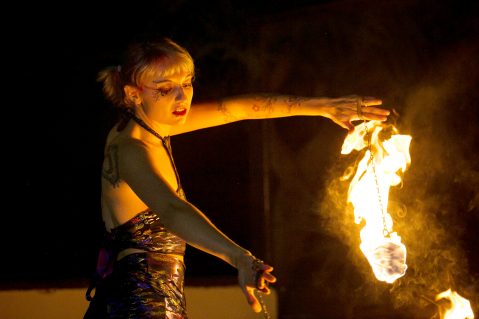 Pic shows: Fire show in the restaurant. By Ana Lacasa A new nude restaurant on one of Spain's most popular holiday islands is set to become a hit with British holidaymakers. The Innato Tenerife eatery - which opened this week - encourages diners to peel off for a mouth-watering menu in what owners describe as an "orgasmic atmosphere." Diners have to check in their smartphones and cameras to spare other customers' blushes before they are led to a changing room to strip down to a bathrobe. Then they walk to their candlelit table where they take off the robes and soak up the intimate atmosphere. Discreet bamboo partitions screen tables from each other so customers are able to let themselves go without the fear of being seen. Specials include the "aphrodisiac menu" served on male and female models who serve as human tables, with just the odd fig or vine leaf to cover their modesty. Especially popular is the 'Happy Endings' dessert, where the models smother themselves in melted chocolate sauce so diners can dip their strawberries. Other favourites on the 150-EUR (129-GBP) a head menu include a dish called Pulp Fiction, with octopus, potato and paprika, and Olindo Lobster, with lobster mango, mustard and brandy. Owner Tony de Leonardis - who was inspired by London's The Bunyadi pop-up restaurant - says customers at his venue in San Isidro soon get used to eating in the buff. And some, reports local media, have revealed that the experience even revives their love lives. (ends)